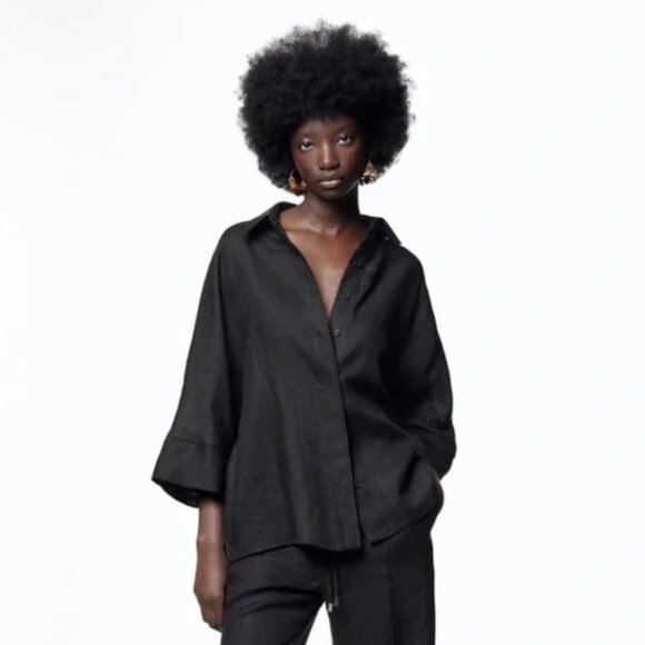 Zara Black Linen Boxy Button-Front Shirt - Picture 1 of 7